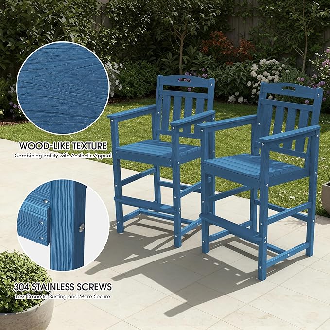 Ciokea Set of 2 Outdoor Tall Bar Chairs, 27" Bar Height Patio Stools with Arms & High Back, Heavy Duty All-Weather Adirondack Tall Chairs for Balcony, Poolside, Deck and Garden, Navy Blue