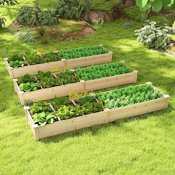 Giantex Wooden Raised Garden Bed with 2 Planter Boxes & Dividers, 90"x25"x10" Raised Bed for Flowers Vegetables Fruits Herbs Gardening Planting, Outdoor Garden Box for Patio Backyard Lawn (1)