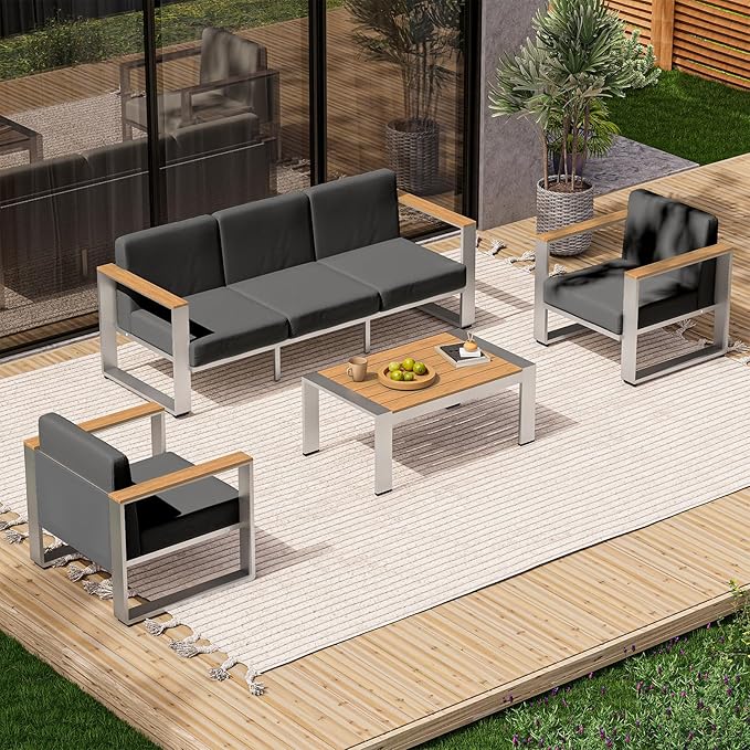 Aluminum Patio Furniture Set, 5 Seats Outdoor Patio Conversation Sets with Ergonomic Seat and Wide Washable Thick Cushions, Modern Outdoor Sectional Furniture for Balcony, Porch