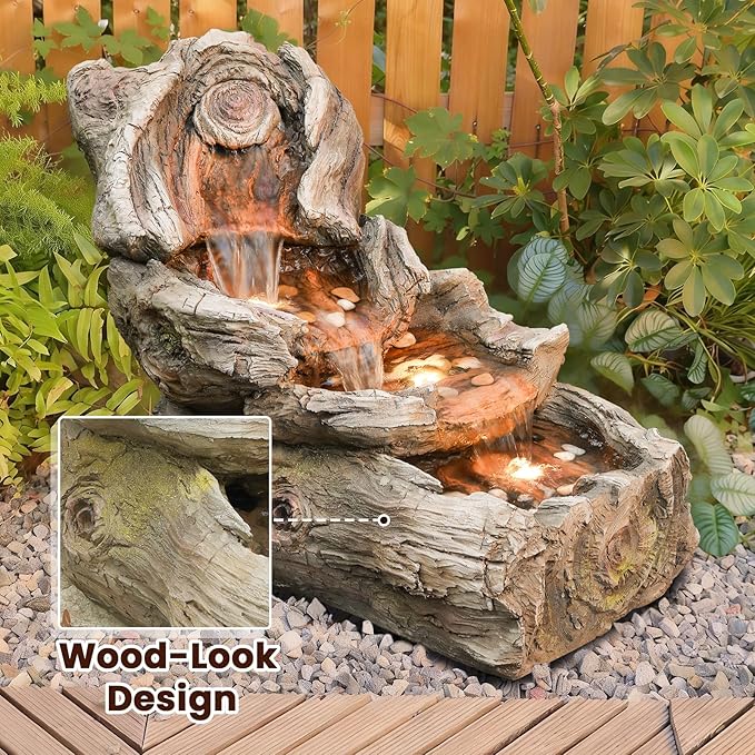 31.5" L Outdoor Water Fountain with 3 Tiers Cascading Realistic Tree Trunk Waterfall Fountains with LED Lights Outdoor Water Fountain for Garden Patio Backyard Porch Home Decor