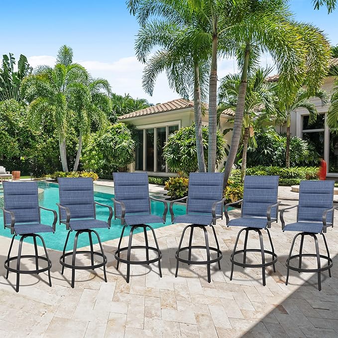 Vongrasig 6 Piece Outdoor Patio Swivel Bar Chairs, All Weather Padded Sling Textile High Top Bar Stools, Bistro Set for Backyard, Lawn Garden, Balcony, Padded Blue