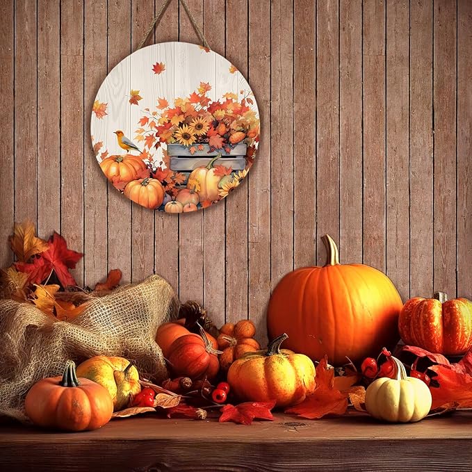 Fall Door Sign Wooden Autumn Pumpkins Door Hanger Maple Leaf Sunflowers Bird Sign for Outdoor Porch Wall Fall Harvest Hanging Decorations