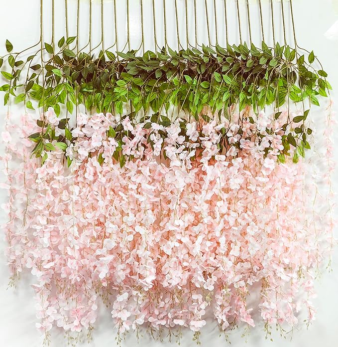 6pcs Artificial Wisteria Flowers 3.6 Feet/Piece Pink Dense Artificial Fake Wisteria Vine Ratta Hanging Garland Silk Flowers String Home Party Wedding Decor（Pink-Dense）