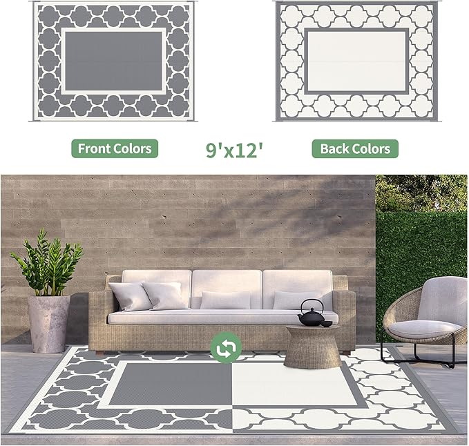 GENIMO 9 ' x 12 ' Outdoor Rug for Patio, Waterproof Indoor Outdoor Plastic Straw Rugs Carpet, Reversible Outside Area Mat for Camping, Balcony Porch, Deck, Picnic, Beach Grey & Beige White