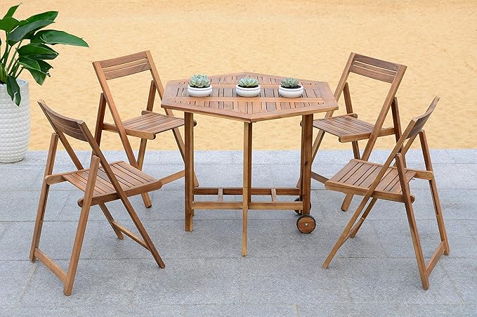 SAFAVIEH Outdoor Collection Kerman Natural 5-Piece Foldable Patio Dining Set (Fully Assembled)