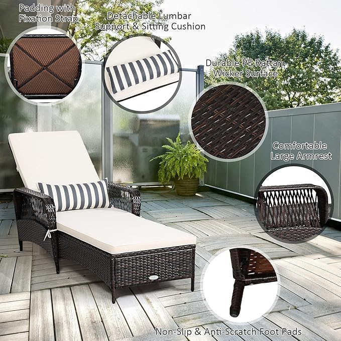 Tangkula Wicker Chaise Lounge Outdoor, Patio Rattan Reclining Chaise with 6-Gear Adjustable Backrest, Thick Padded Cushion & Removable Lumbar Pillow, Pool Lounge Chairs for Outside Balcony Backyard