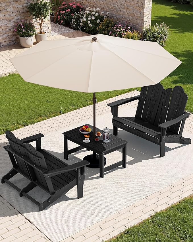 SERWALL 3 Pieces Patio Adirondack Bench Set, 2 Folding Adirondack Bench & 1 Coffee Table with Umbrella Hole Set for Front Porch Garden Balcony Backyard, Black