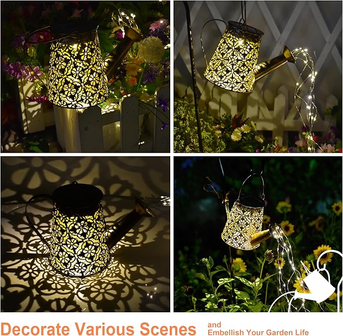 Solar Garden Watering Can Lights with Cascading Lights, 2 Pack Outdoor Hanging Lanterns for Garden Decor,Fairy Gardening Gifts for Mom Birthday, Perfect for Patio Yard Pathway
