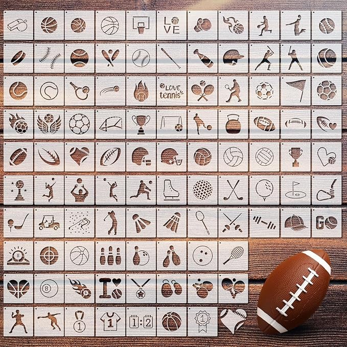 Fainne 100 Pcs 2 Inch Stencils Small Stencils for Painting on Wood Reusable Painting Templates Crafts for DIY Scrapbook, Wood, Wall, Fabric, Rock, Chalkboard, Sign(Sport,Ball)