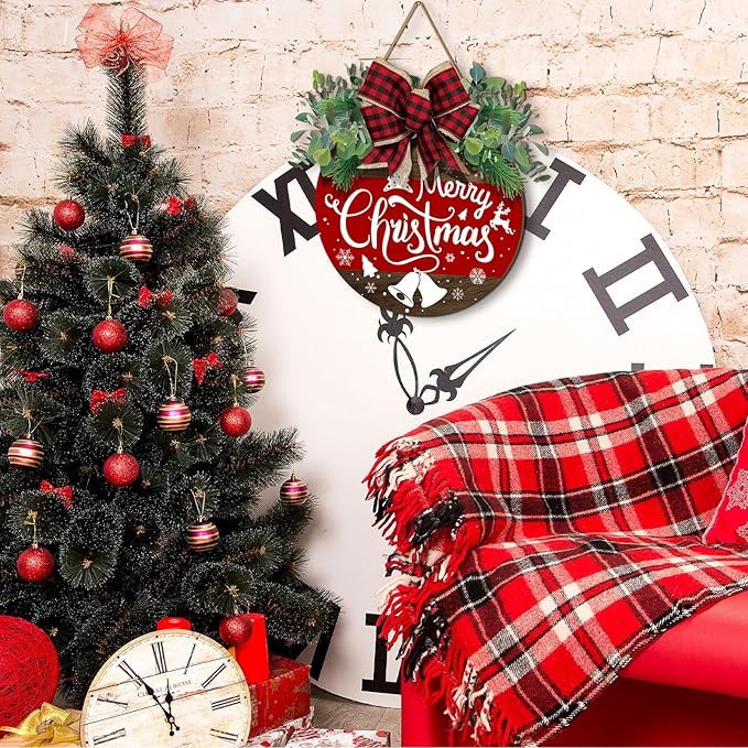 Boao Christmas Door Decorations Wooden Merry Christmas Welcome Front Door Sign Hanger with Red Buffalo Plaid Bow Xmas Wreaths for Outdoor Porch Farmhouse Decor