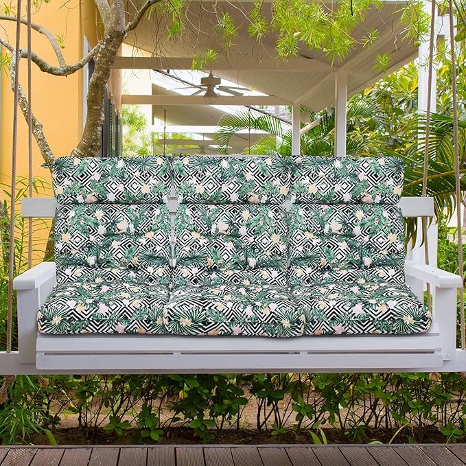Barydat 4 Pcs Tufted High Back Chair Cushion Indoor Outdoor Seat and Back Cushions Palm Leaves Tropical Plants Lawn Rocking Chair Pads with Ties for Adirondack Patio Garden(Flower Style)