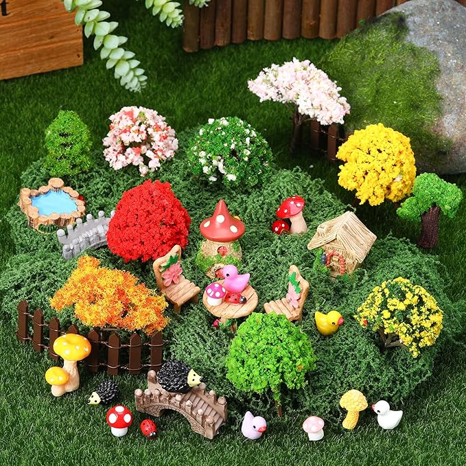 68 Pcs Fairy Garden Accessories Mini Resin Animals Figures Miniature Ducks Mushroom Ladybug Table and Chairs Bridge Pond Fence Moss Bonsai Landscape Ornaments Kit for Garden DIY Craft