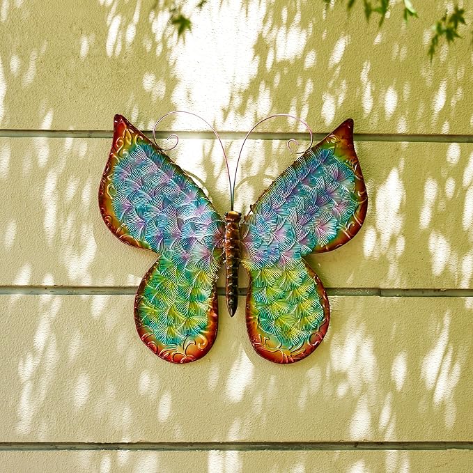 Glitzhome Metal Butterfly Wall Decor, 20 "H Colorful Metal Wall Art with Hand Painted Distressed Finish and 3D Embossed Texture, Outdoor Porch Patio Home Wall Accent