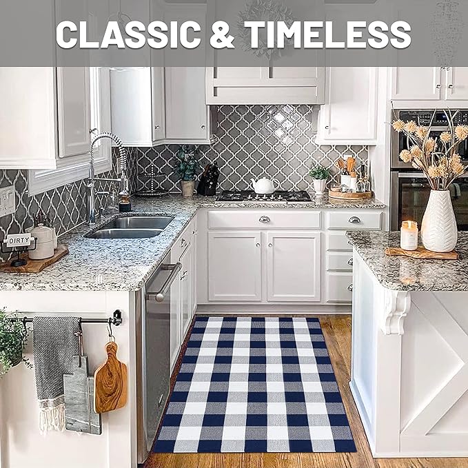 IOHOUZE Buffalo Plaid Checkered Rug 3x5 Ft Front Door Mats, Washable Area Rugs for Front Porch Decor, Spring Summer Welcome Mats Outdoor, Navy White Rug for Farmhouse/Entryway/Home Entrance