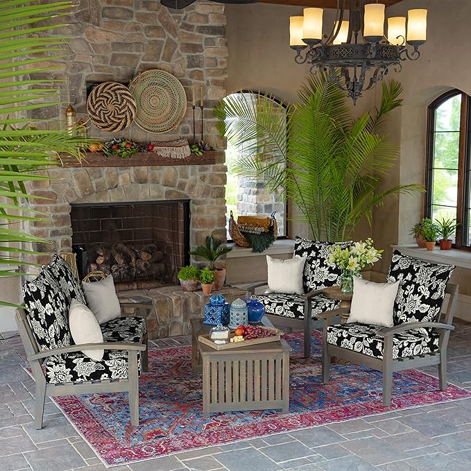 Arden 24x24 Outdoor Foam Deep Seat Cushion Set – Fade-Resistant, Weather-Resistant Outdoor Patio Replacement Cushions Ashland Black Jacobean