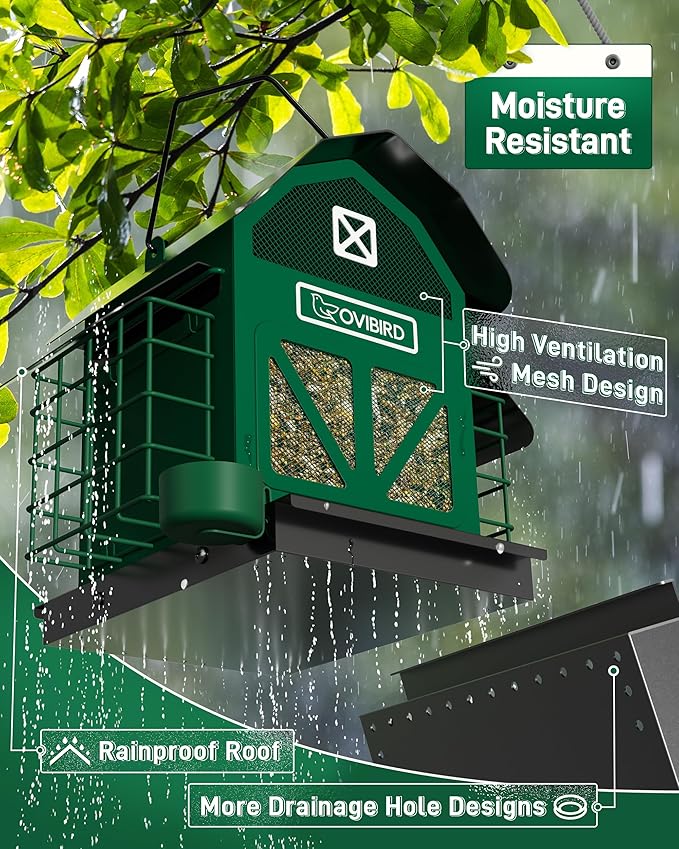 Bird Feeders for Outdoors Hanging, 5LBS Large Bird Feeder with 2 Suet Cage, Red Barn Metal Birds Feeder for Outside, Weather Resistant Cardinal Feeders, ldeal Birds Watching Gifts (Green)