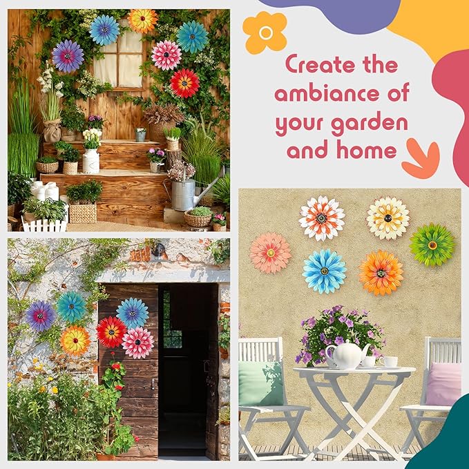 Zhehao 6 Pcs Metal Flower Wall Art Decor 8 Inch Sunflower Wall Decorations Hanging Outdoor Art Multicolored Handmade Metal Flowers Outdoor Decor(Cute Color)
