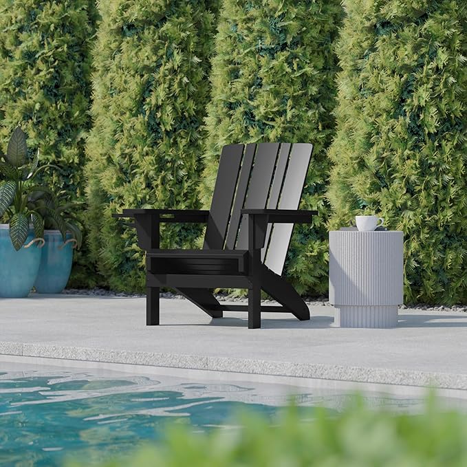 Flash Furniture Halifax Adirondack Chair with Cup Holder, Weather Resistant Poly Resin Adirondack Chair, Black