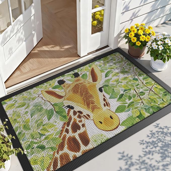 LUMI Outside Door Mat 32x47, Non Slip Rubber Backing Doormat, Low Profile Easy Clean Entrance Mats for Front Back Door Entryway Porch Garage, Giraffe