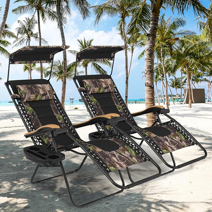 Magshion Zero Gravity Chair with Canopy Set of 2, Reclining Outdoor Patio Lounge Chair, Folding Anti Gravity Recliner, Portable Lounger with Removable Cup Holder Side Tray and Pillow Headrest