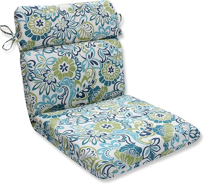 Pillow Perfect Bright Floral Indoor/Outdoor 1 Piece Split Back Chair Cushion Set With Ties, 1 Count, 40.5" x 21", Blue/Green Zoe
