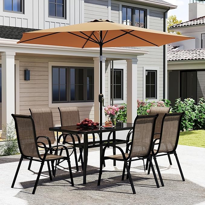Outsunny 8 Pieces Patio Table and Chairs Set with 9 Ft Patio Umbrella, Outdoor Dining Set with 4.6 Ft Dining Table and 6 Chairs, Push Button Tilt and Crank Parasol, Tempered Glass Top, Mixed Brown
