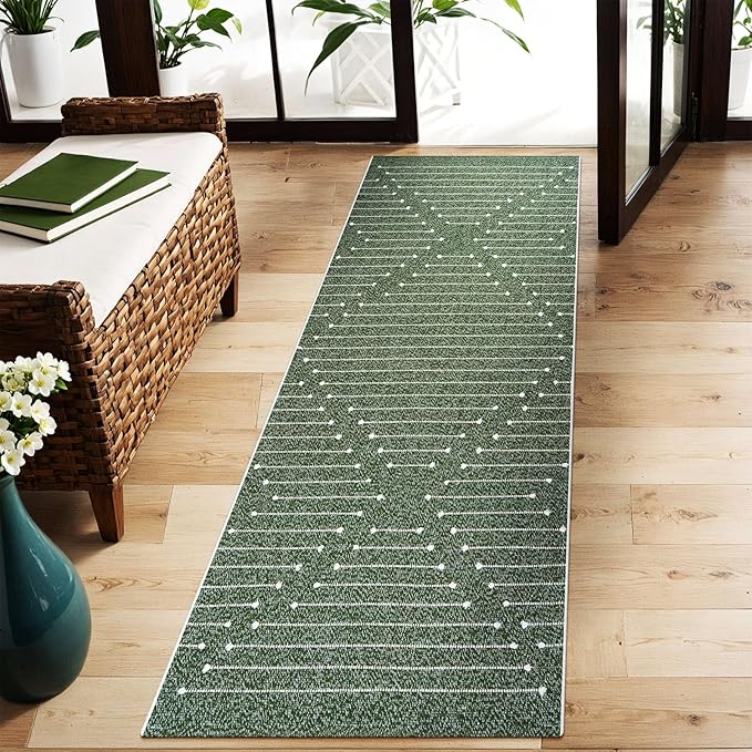 LIVEBOX 2x6 Green Entryway Runner Rug, Hallway Kitchen Cotton Woven Runners, Washable Narrow Rugs for Laundry Room (Dark Green & White)