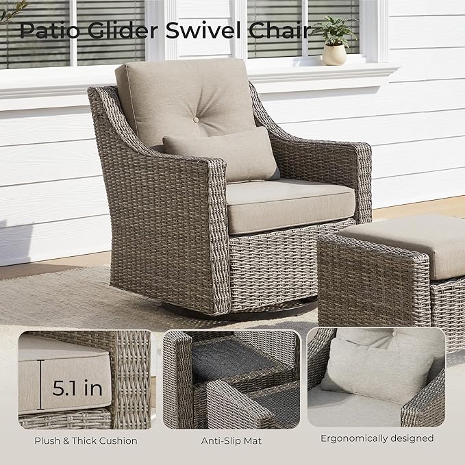 CHITA Patio Wicker Chair, 360° Rocking Swivel Outdoor Rattan Chair with Thickened Cushions for Backyard, Poolside, Garden or Porch