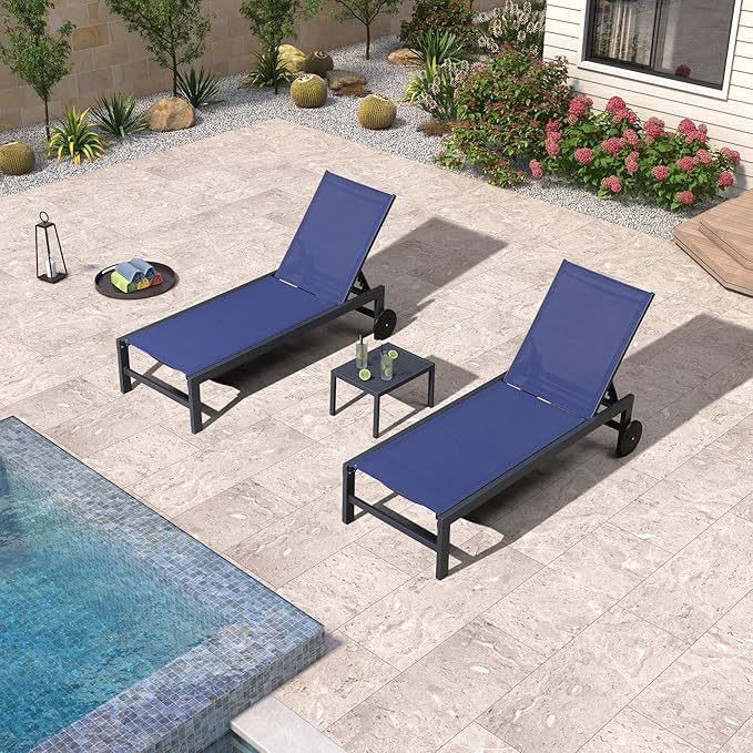 PURPLE LEAF Outdoor Chaise Lounge with Wheels for Outside 2 Pieces Aluminum Patio Lounge Chair with 5 Adjustable Position for Outdoor Beach Yard Pool Side Table Included Navy Blue