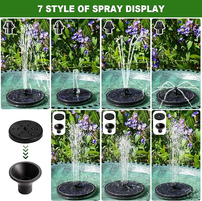 Yzert Solar Fountain with 2000 mAh Battery Backup Works in Cloudy, Glass Solar Powered Bird Bath Fountains with 7 Nozzles, 3.5 W Solar Fountain Pump for Birdbath,Garden, Outdoor, Pond (Black)