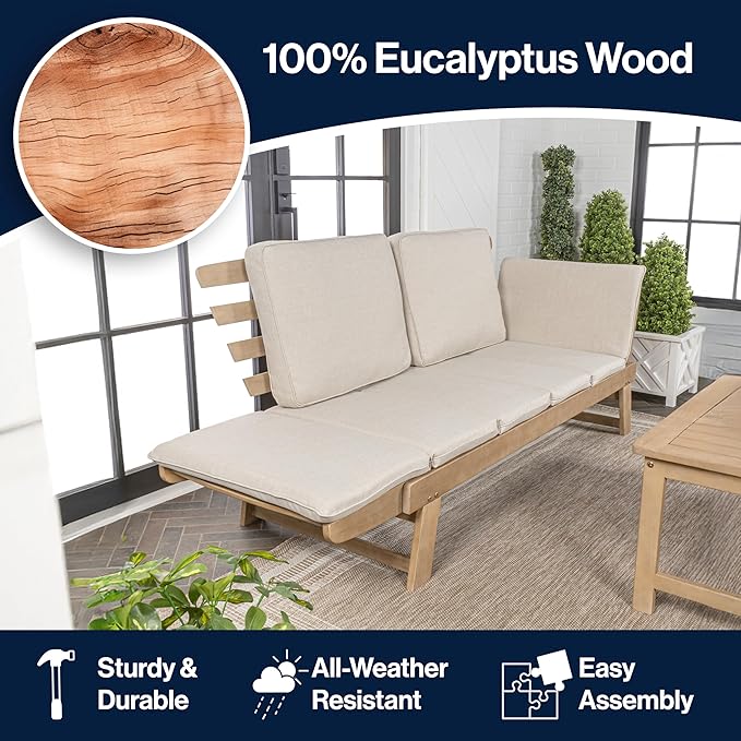 JONATHAN Y SFB1000A Hartley 2-Seat Modern Scandinavian Folding Wood Outdoor Day Bed Sofa Mid-Century, Classic, Transitional, Industrial for Backyard, Patio, Porch, Beige/Light Teak