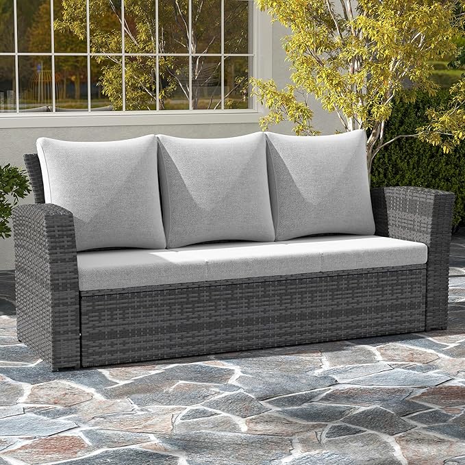 Wisteria Lane All Weather Wicker Patio Couch, 3 Seats Patio Sofa with Thick Cushions, Outdoor Furniture Couch with High Back, Outdoor Patio Sofa for Garden, Backyard, Porch, Grey