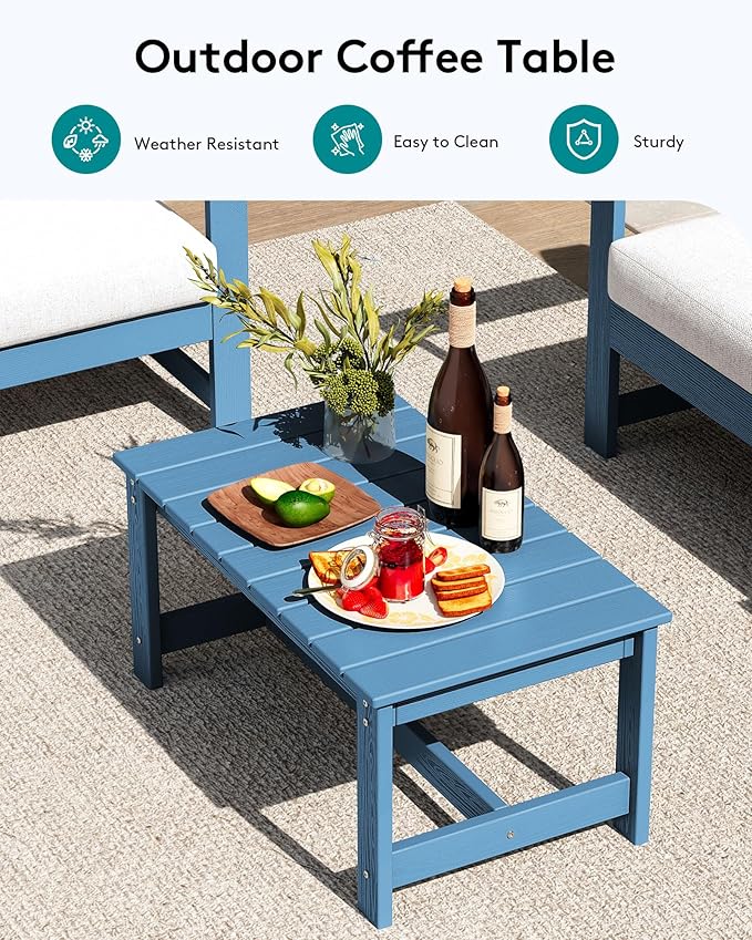 SERWALL 8 Pieces HDPE Outdoor Conversation Sofa Set with Cushions, All Weather Use Couch Loveseat Furniture with Side Table for Balcony, Deck, Poolside, Blue Frame with Khaki Cushions