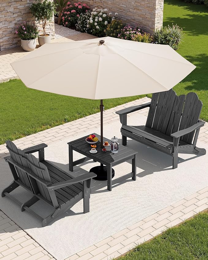 SERWALL Outdoor Patio Adirondack Set, 2 Folding Adirondack Bench & 1 Coffee Table with Umbrella Hole, HDPE All-Weather Adirondack Furniture Set for Front Porch Garden Balcony Backyard, Grey