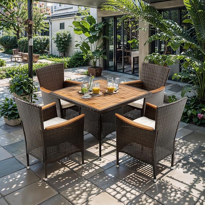 RoyalCraft 5 Piece Patio Wicker Dining Sets for 4, Water-Resistant Rattan Outdoor Dining Table and 4 Chairs with Wood Table Top, Conversation Set for Deck, Garden, Backyard, Removable Cushions, Teak