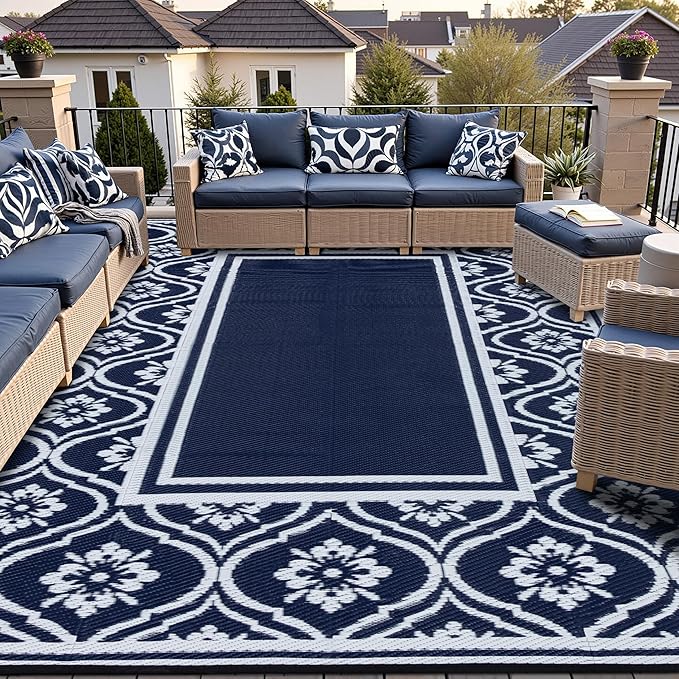 HUGEAR Outdoor Rug 8x10 Patio Camping Carpet Waterproof Mat Blue Outside Plastic Area Rug Reversible Rugs for RV Deck Entryance Porch Picnic Balcony Beach(8x10ft Navy Blue&White)