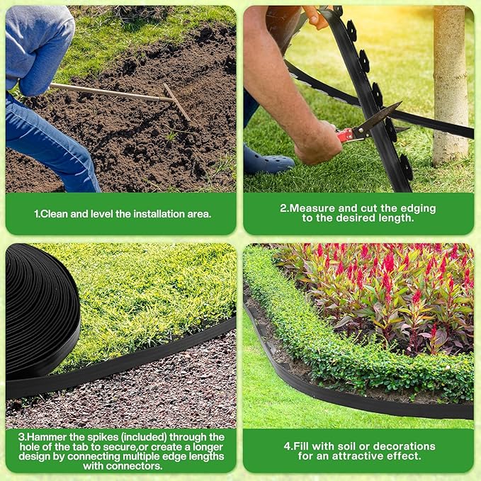 Sasylvia 1.7'' x 200' Landscape Edging Kit Edging Border Coil Include 120 Anchoring Spikes 10 Connectors Plastic Garden Border for Lawn Garden Grass Yard Home(Black)