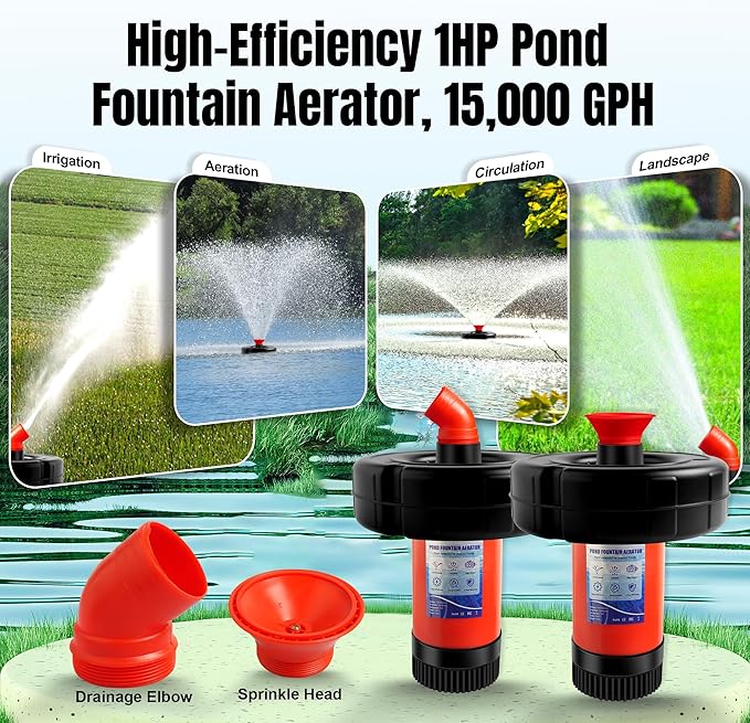 Pond Fountain Aerator 750W, 1HP 15000 GPH Floating Aerating Pump, 120ft Power Cord for Small & Large Ponds & Lakes (120V)