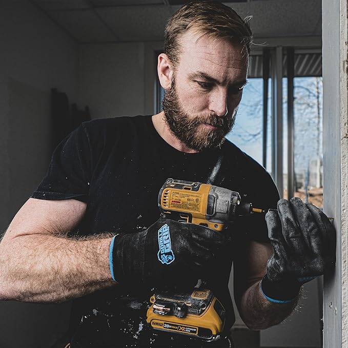 Gorilla Grip Work Gloves, Never Slip Maximum Grip All-Purpose, Gloves for Men, Superior in Wet, Dry, Oily Conditions, Polymer Palm, Large Size, 15 Pairs, Black/Blue | 25042-25