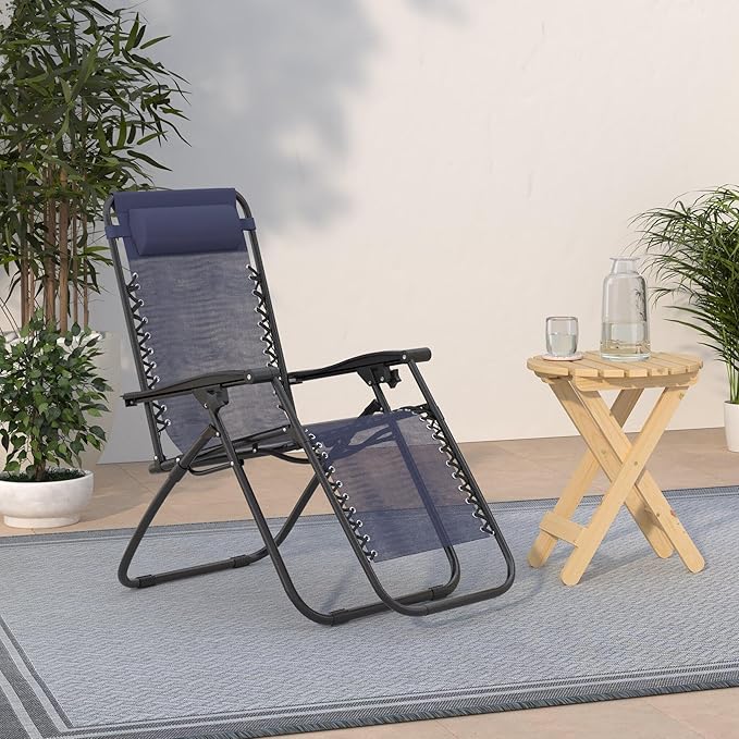 Devoko Patio Zero Gravity Chair Outdoor Folding Adjustable Reclining Chairs Pool Side Using Lawn Lounge Chair with Pillow Set of 2 (Dark Blue)