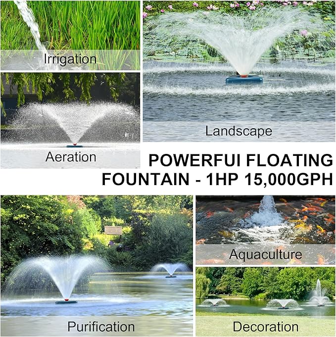 Pond Fountain Aerator, AS2 1HP 750W 15000GPH 110V High Flow Floating Water Fountain Pump With 100ft Power Cord, Stainless Steel Body Aerating Fountains Cascade for Large Small Pond Lake