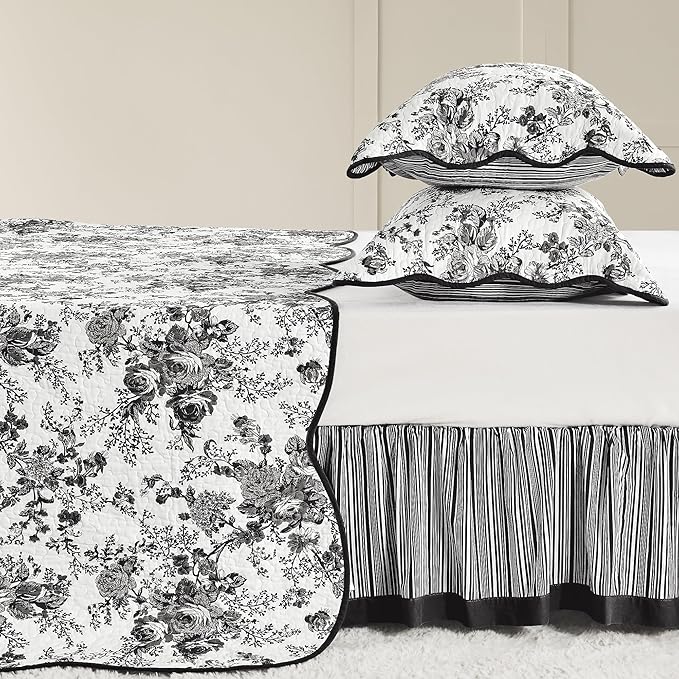 Wonderful 100% Cotton Black Floral Quilt Set Queen Size Bedding Sets with Pillow Shams and Bed Skirt, 4 Pieces Floral Bedspread Coverlet Set, Quilted Blanket Bed Cover for All Season, 104"x90"