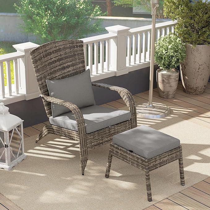 Outsunny Patio Wicker Adirondack Chair with Ottoman, Outdoor Fire Pit Chair with Cushions, High-Back, Large Seat & Armrests for Deck, Garden & Backyard, Gray