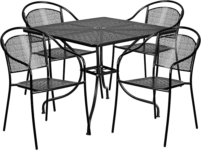 Flash Furniture Oia 5-Piece Commercial Grade Steel Patio Table and Chairs Set, Outdoor Dining Set with Square Table and 4 Round Back Chairs, Black