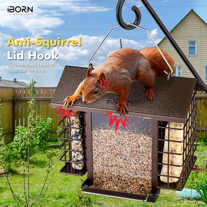 iBorn Bird Feeders for Outdoors,Bird Feeder with Double Suet Holders,Suet Feeder for Outside,Weatherproof Metal Roof,Easy to Refill&Clean,3.2 LBs Seed Capacity+2X Cake,1 Pack,Coffee Roof & Coffee Grid
