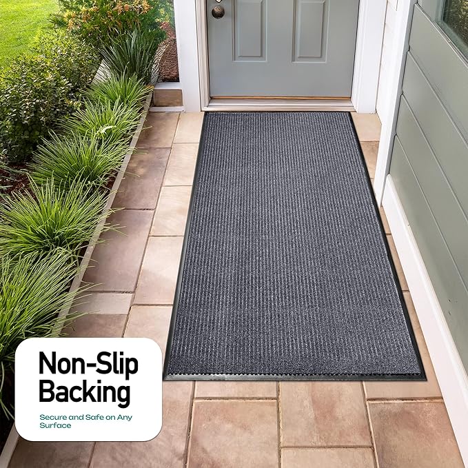 LuxUrux Large 4x6 Ft Rubber Door Mat – Heavy Duty Indoor Outdoor Entrance Rug, Waterproof & Non-Slip Floor Mat, Easy to Clean Low-Profile Front Doormat for Home, Garage, Patio – Gray Striped.