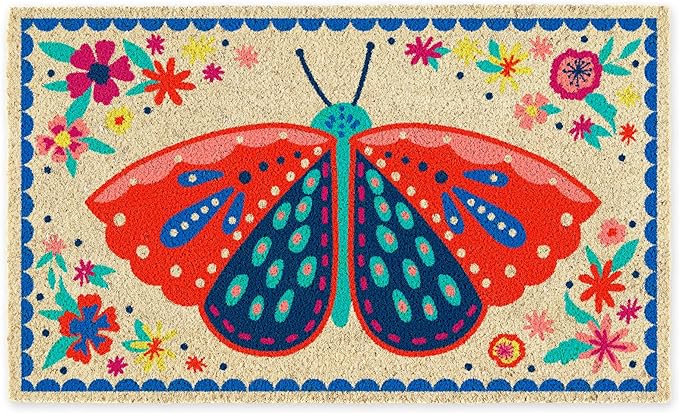 DII Natural Coir Doormat Outdoor Welcome Mat, 17x29, Folk Butterfly