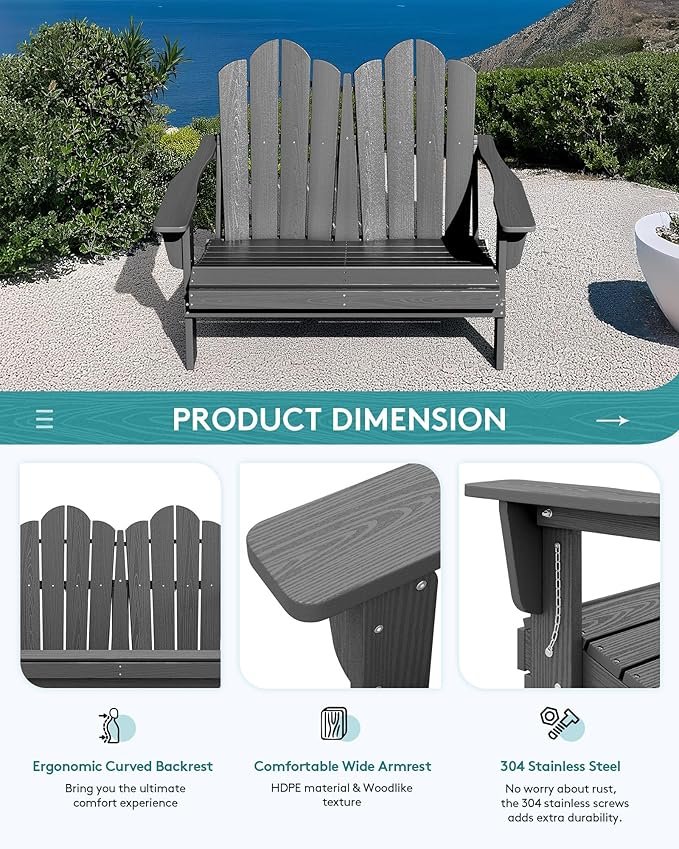 SERWALL 2 Person Adirondack Loveseat, HDPE All-Weather Folding Adirondack Bench Chair, Outdoor Adirondack Chair Set of 4, Grey