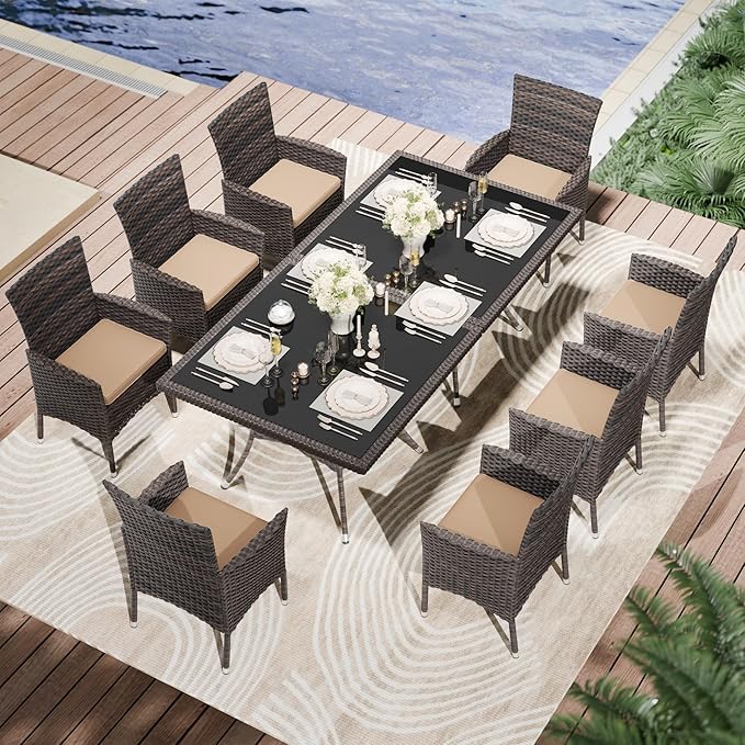 Kullavik 10-Piece Outdoor Dining Set Patio Rattan Furniture Set,Patio Dining Table and Chairs Set with 8 Chairs and Cushions,Square Glass Tabletop with Umbrella Hole for Patio,Sand