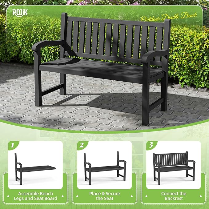 ROJIK Outdoor Bench Resin Patio Chairs Waterproof 2-Person Slatted Chairs with Sturdy Frame, Comfortable Seating for Garden Backyard Porch and Park(Black)
